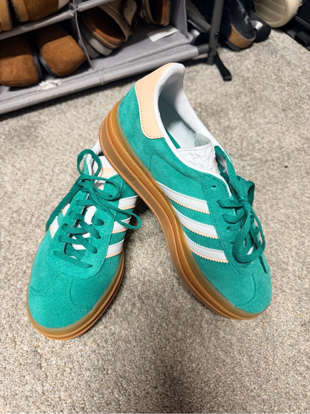 adidas kids Teal Suede Sneakers with White Stripes and Gum Sole